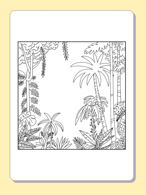 Black and white printable rainforest palm trees around an open sky coloring sheet