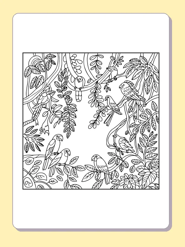 Black and white printable rainforest parrots among branches coloring sheet