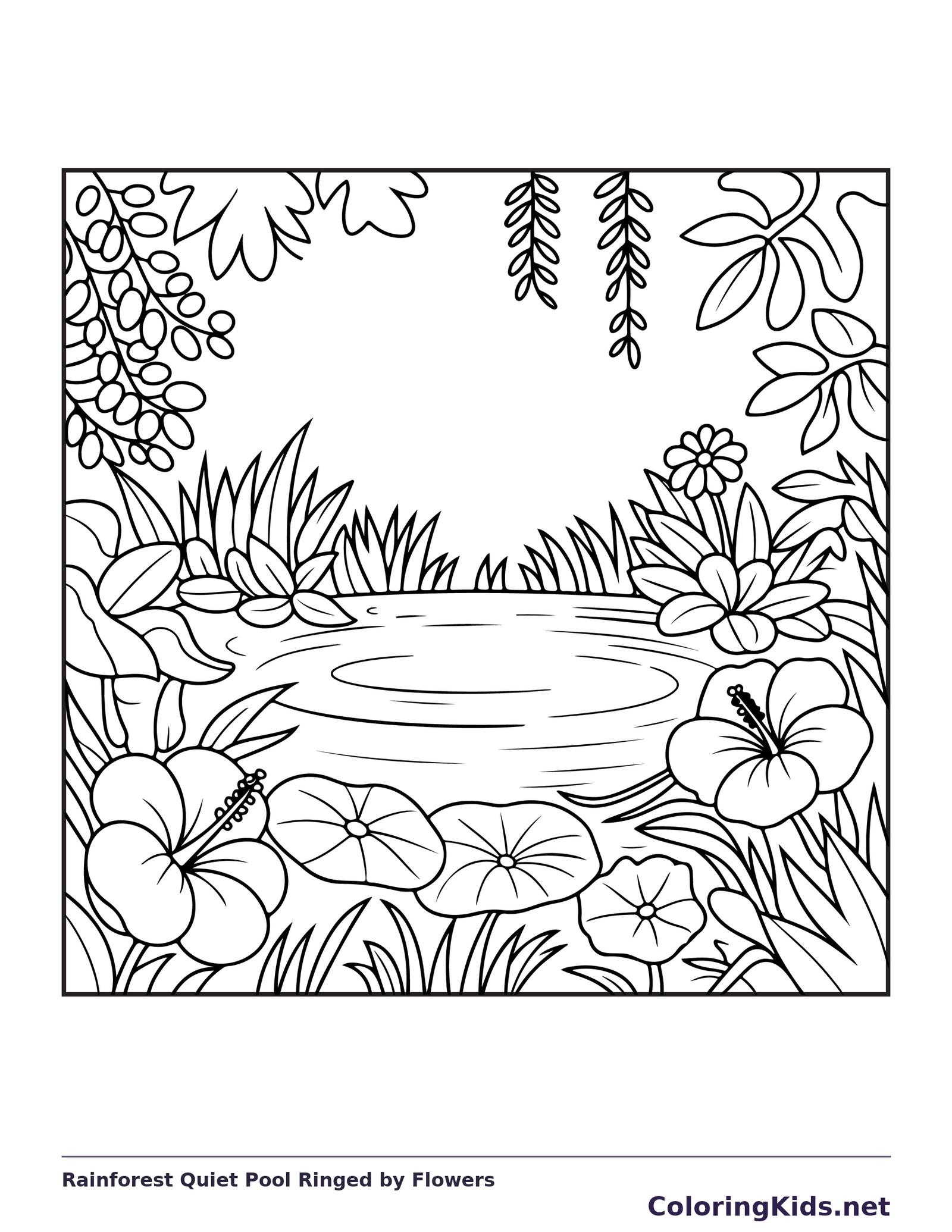 Black and white printable rainforest quiet pool ringed by flowers coloring sheet