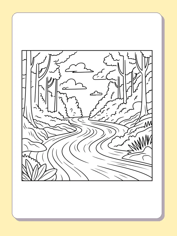 Black and white printable rainforest river bend under tall trees coloring sheet
