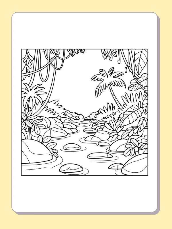 Black and white printable rainforest rocky river under hanging leaves coloring sheet