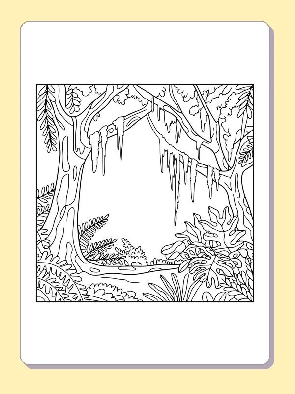 Black and white printable rainforest shaded clearing between tall trees coloring sheet
