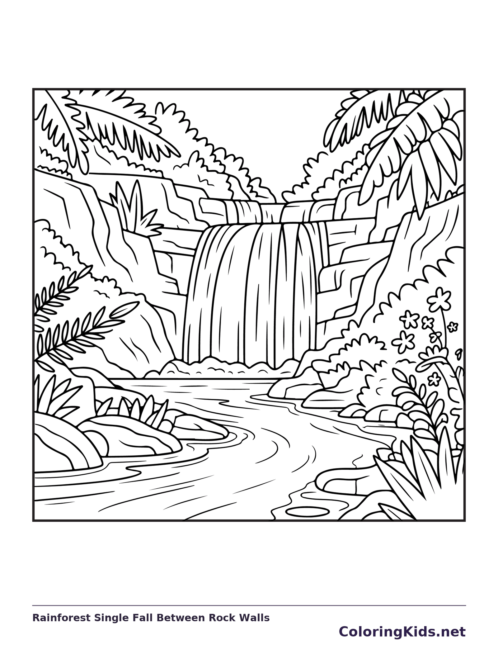 Black and white printable rainforest single fall between rock walls coloring sheet