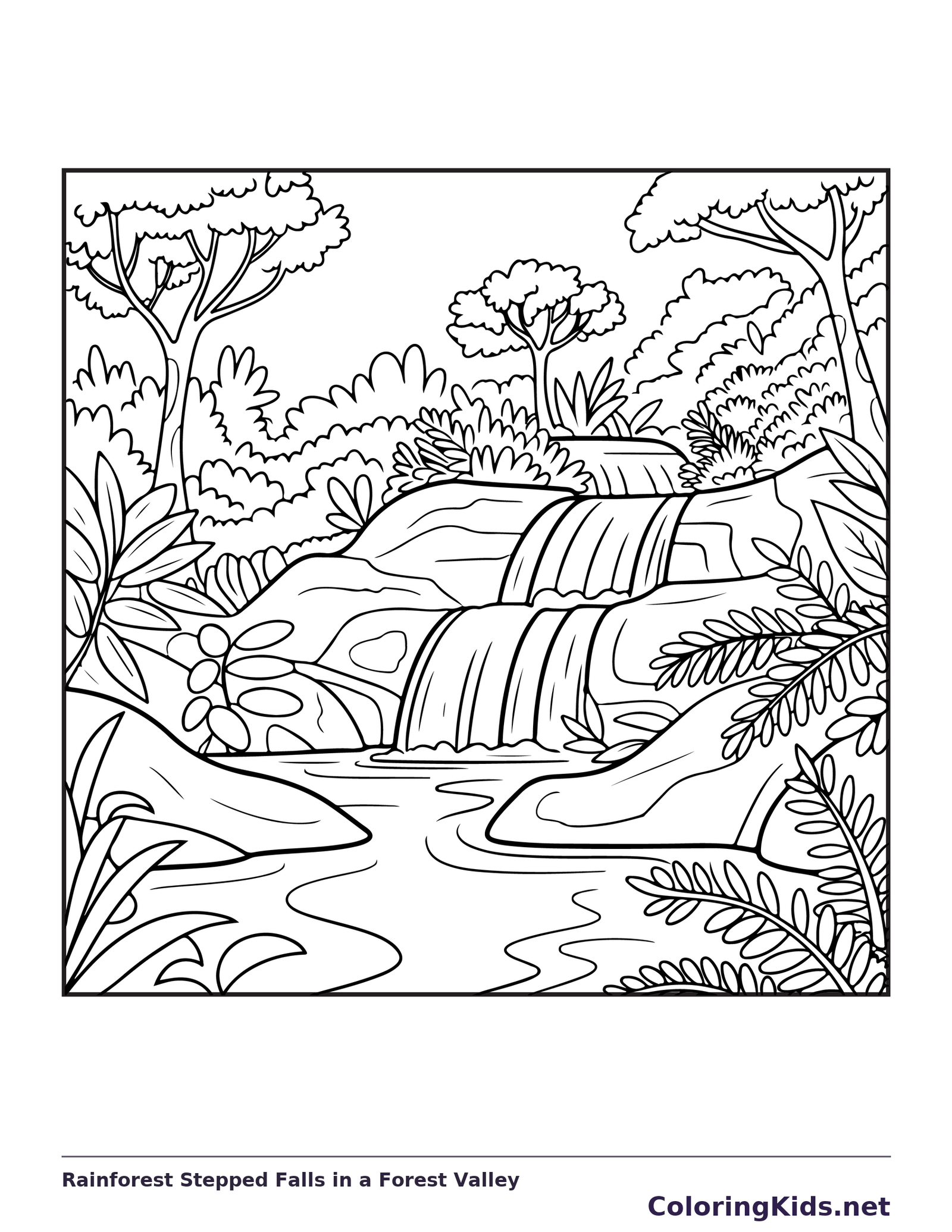 Black and white printable rainforest stepped falls in a forest valley coloring sheet