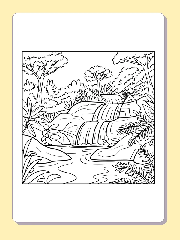 Black and white printable rainforest stepped falls in a forest valley coloring sheet