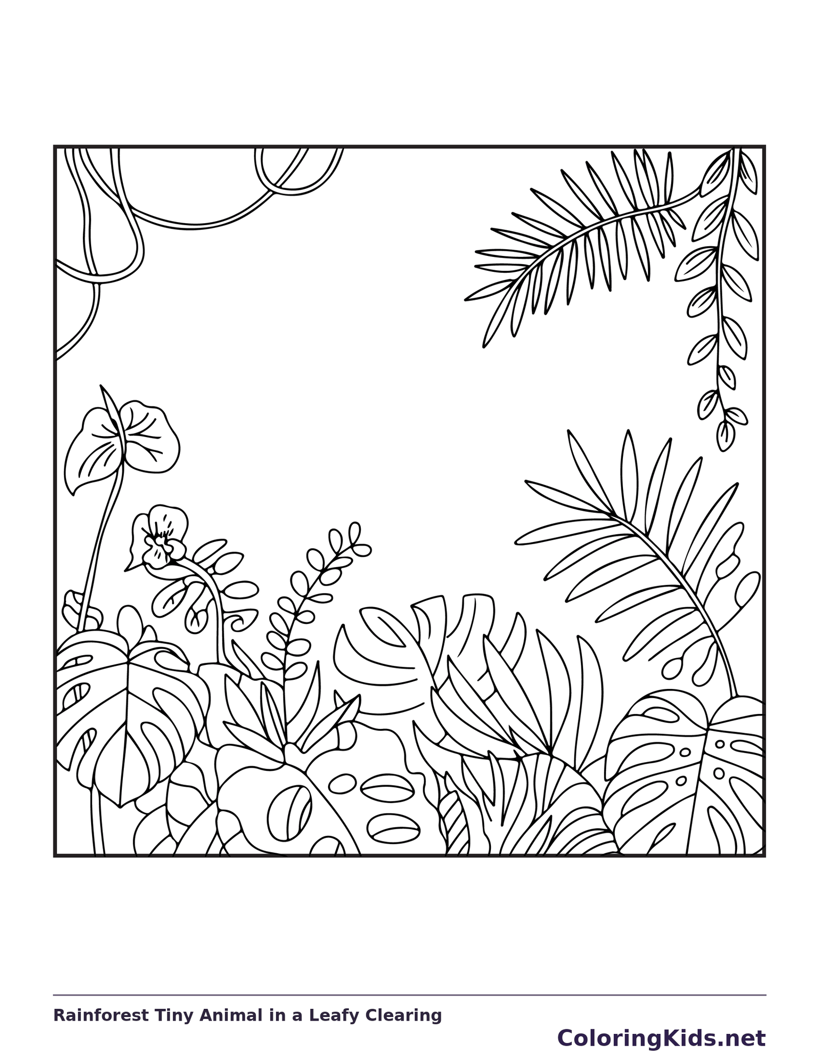 Black and white printable rainforest tiny animal in a leafy clearing coloring sheet