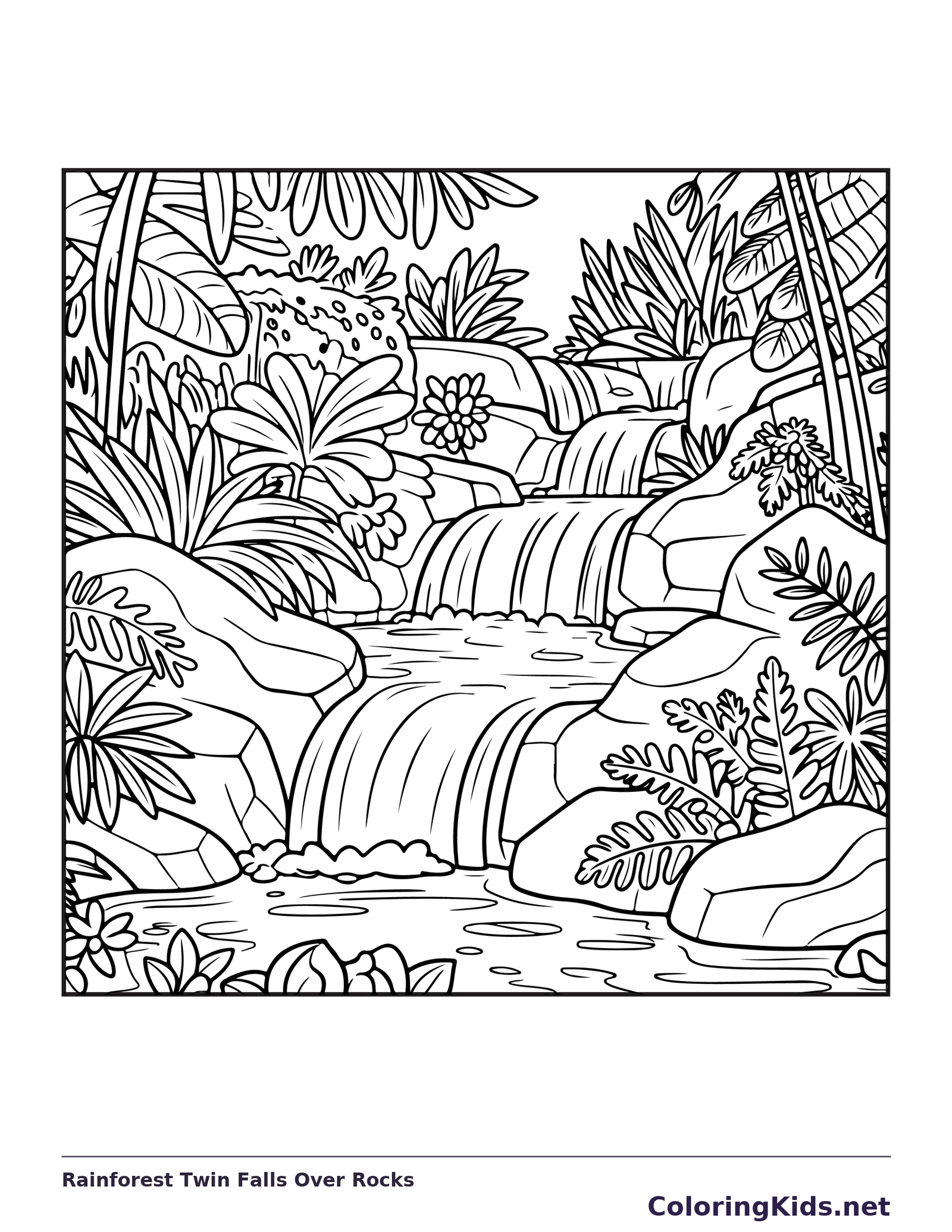 Black and white printable rainforest twin falls over rocks coloring sheet