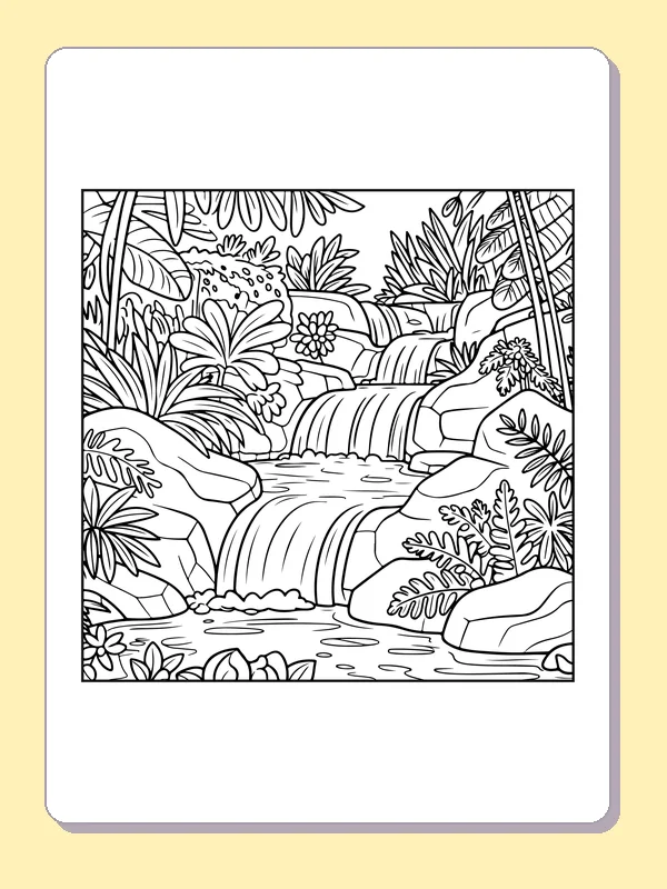 Black and white printable rainforest twin falls over rocks coloring sheet