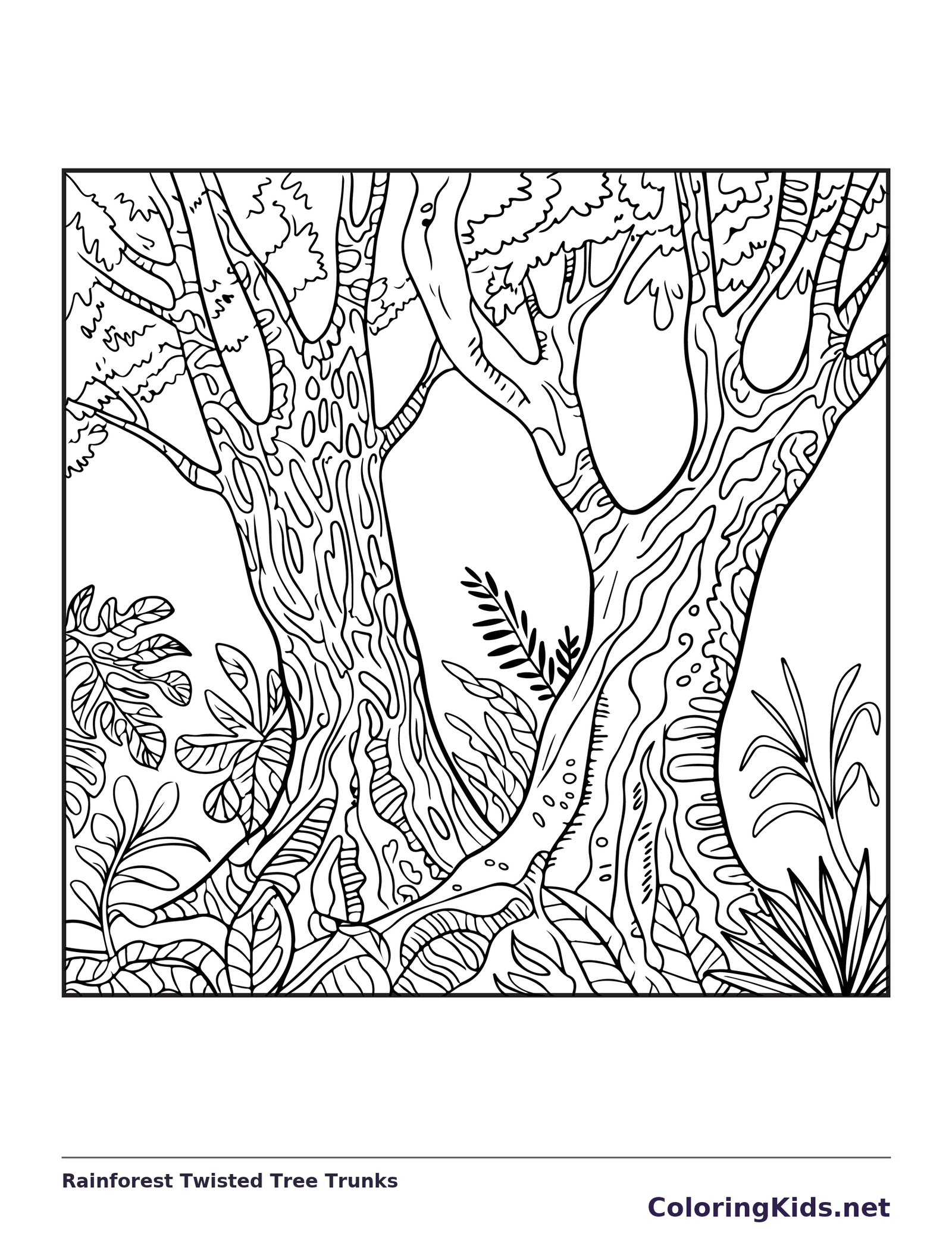 Black and white printable rainforest twisted tree trunks coloring sheet