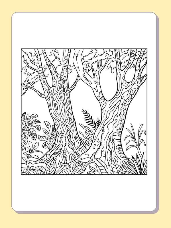 Black and white printable rainforest twisted tree trunks coloring sheet