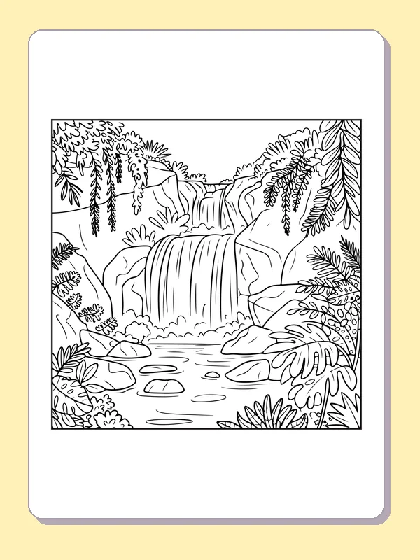 Black and white printable rainforest wide waterfall and hanging vines coloring sheet
