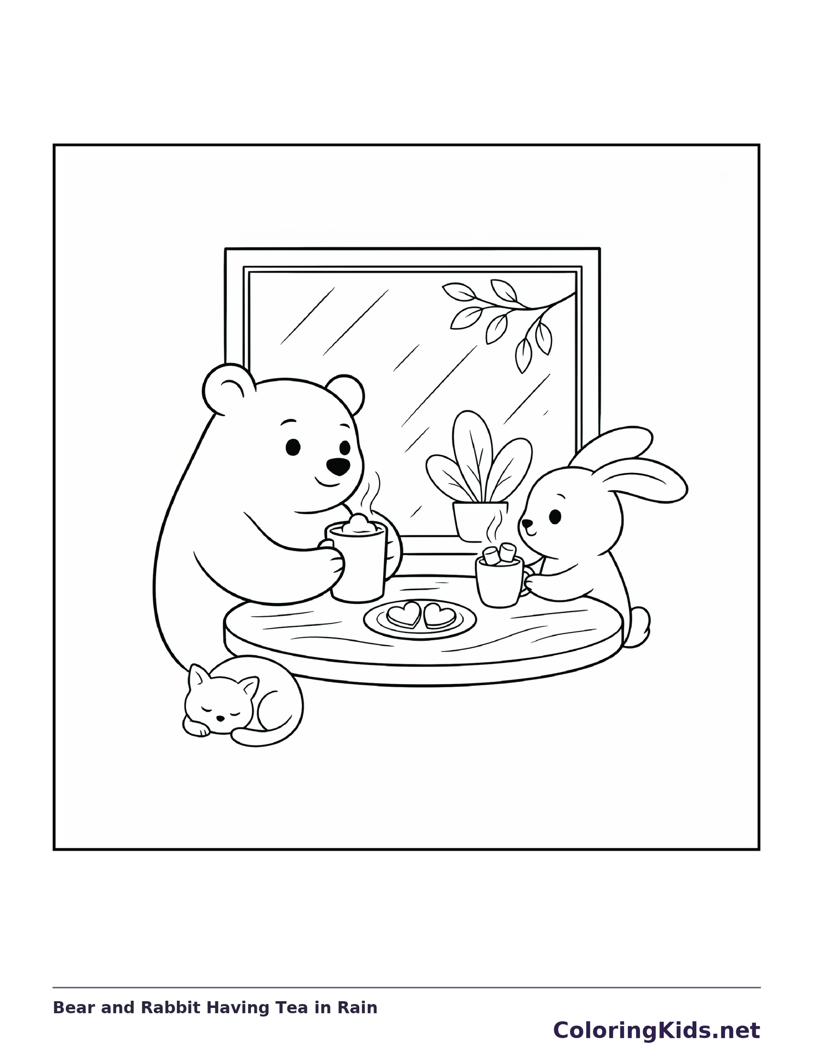 Black and white printable bear and rabbit having tea in rain coloring sheet