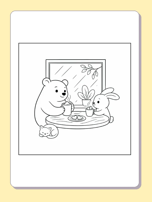 Black and white printable bear and rabbit having tea in rain coloring sheet