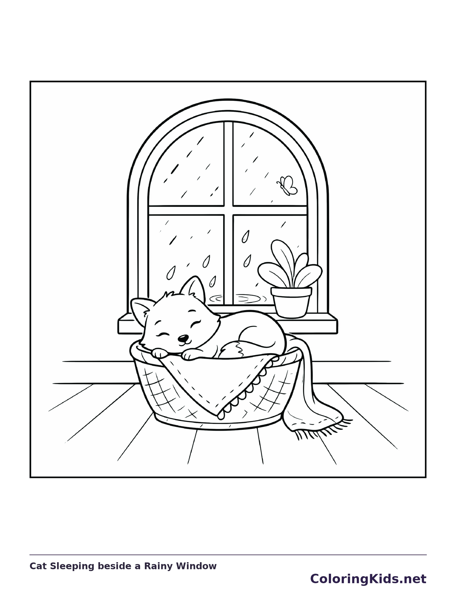 Black and white printable cat sleeping beside a rainy window coloring sheet