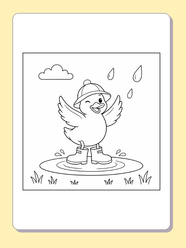 Black and white printable duckling splashing in a rain hat coloring sheet
