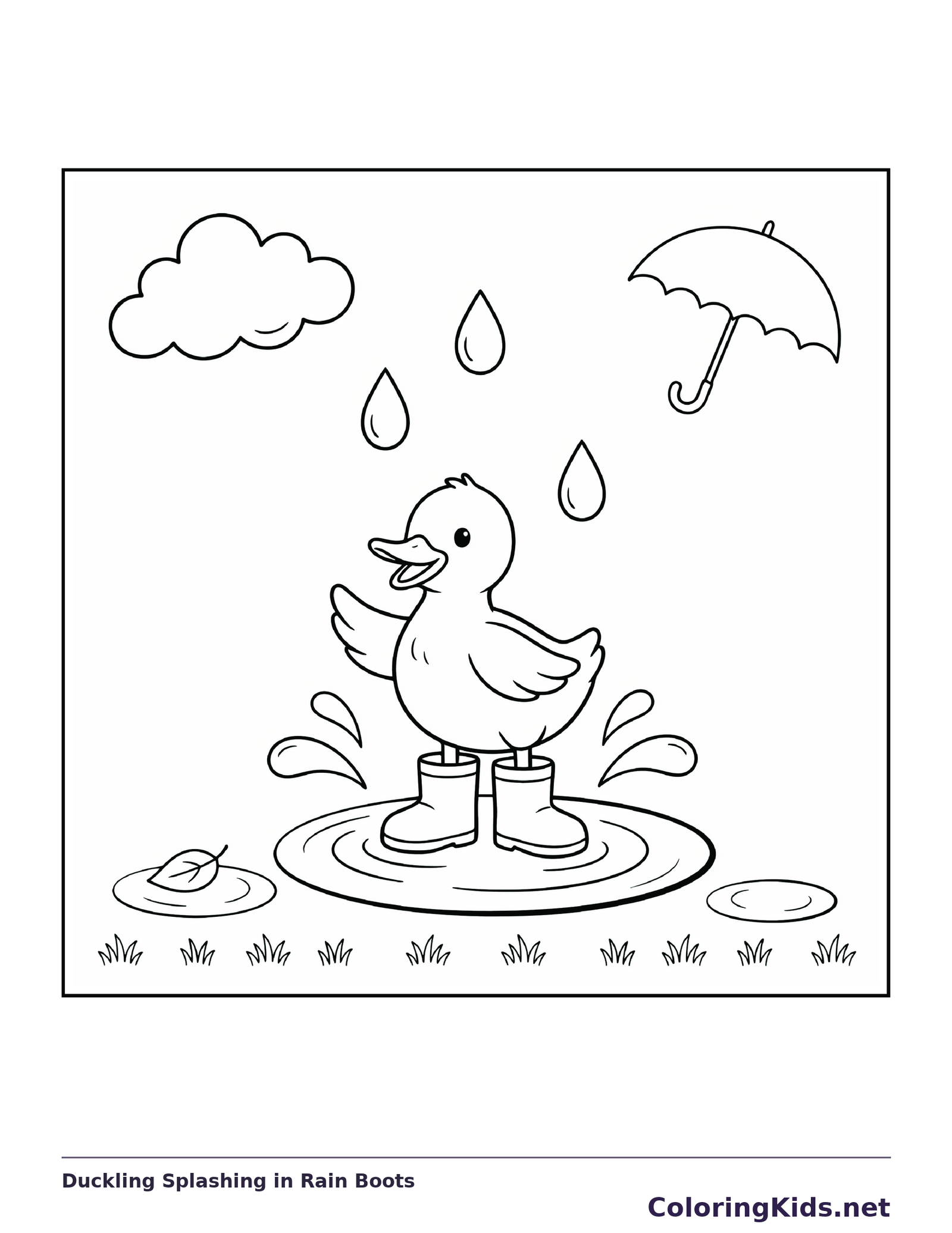Black and white printable duckling splashing in rain boots coloring sheet