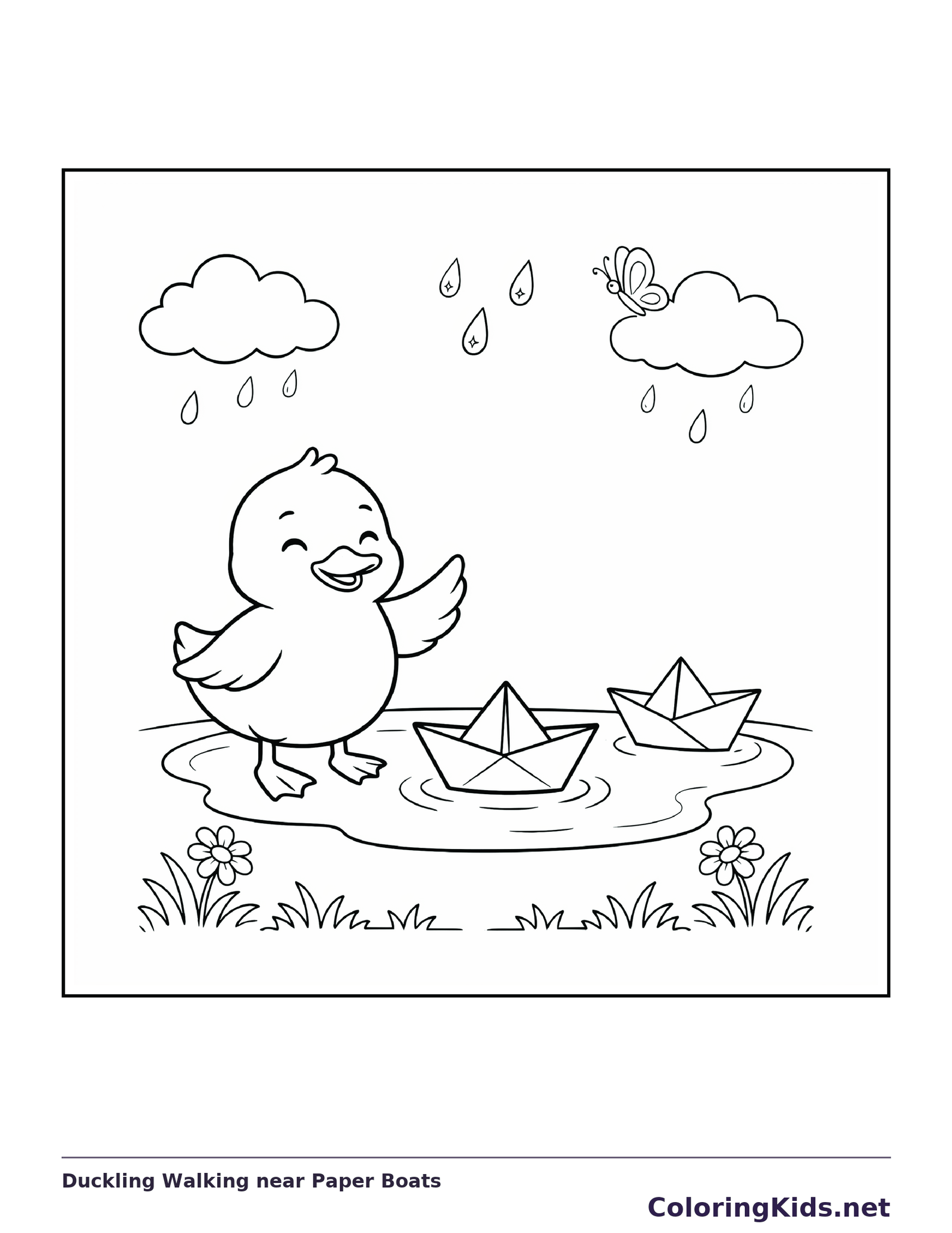Black and white printable duckling walking near paper boats coloring sheet