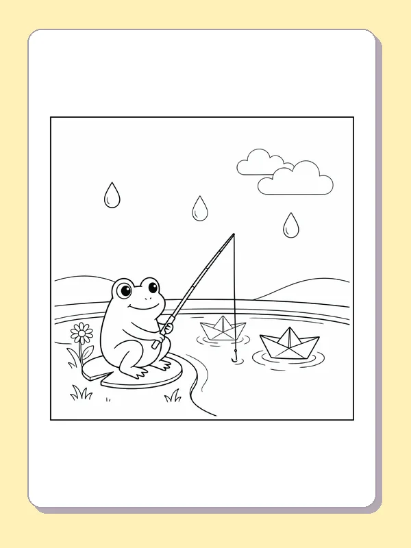 Black and white printable frog fishing beside paper boats coloring sheet