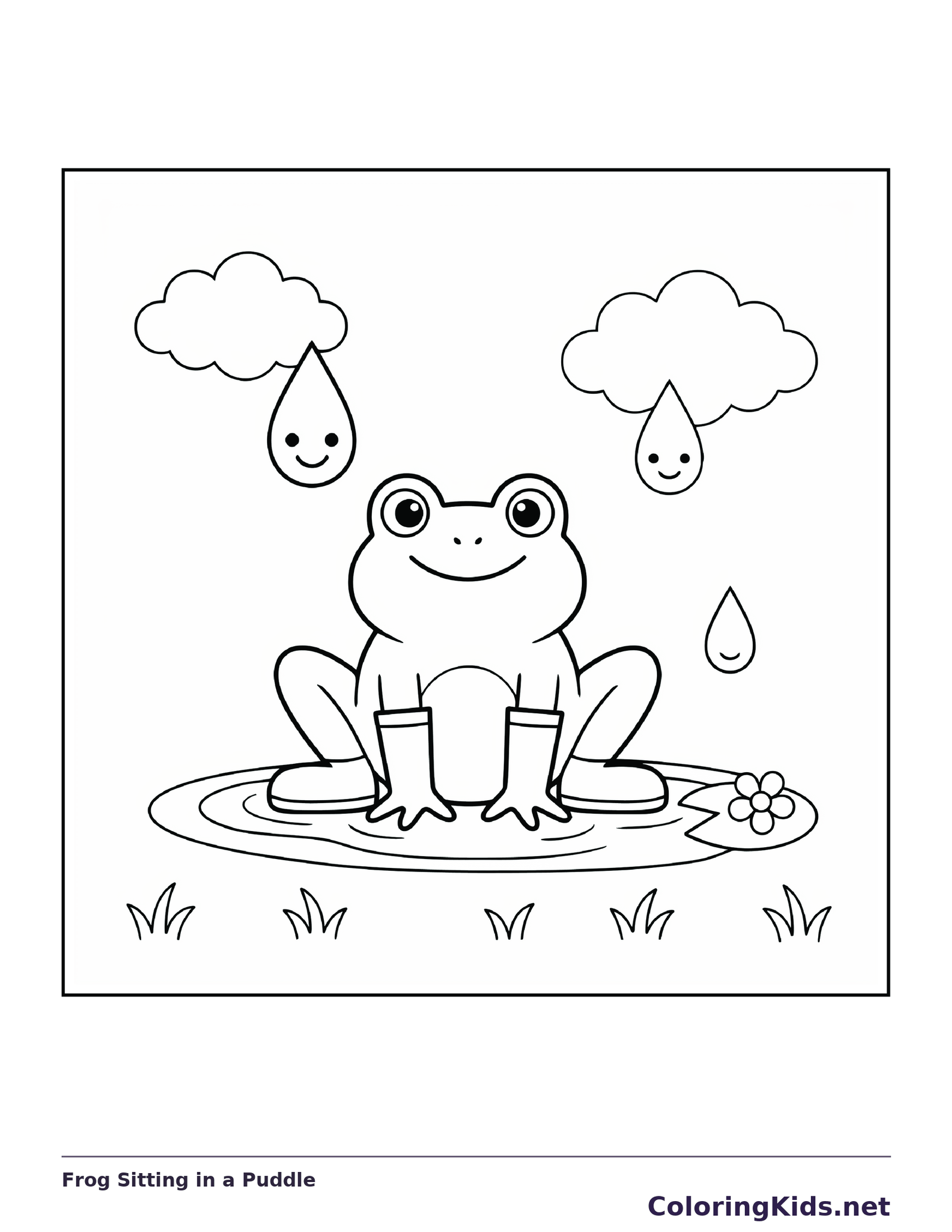 Black and white printable frog sitting in a puddle coloring sheet