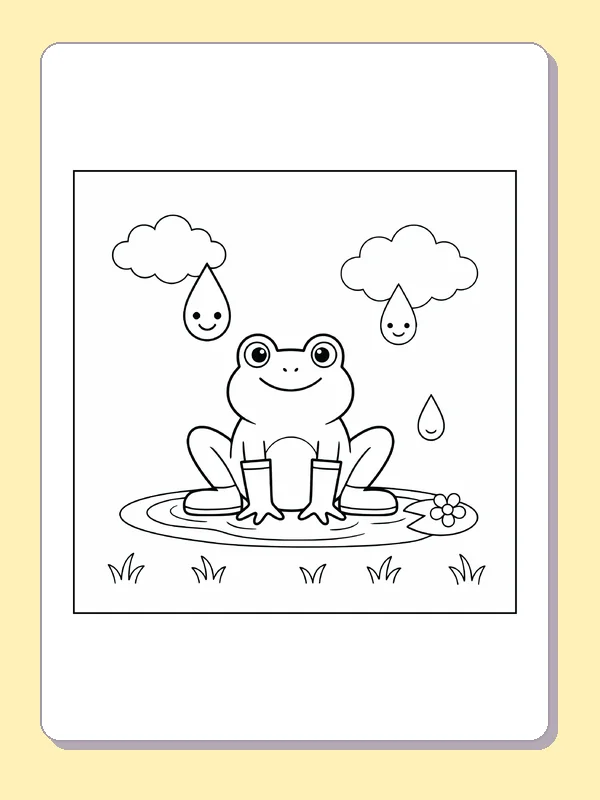 Black and white printable frog sitting in a puddle coloring sheet