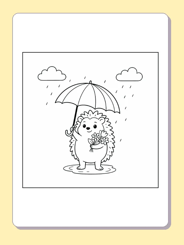 Black and white printable hedgehog carrying an umbrella coloring sheet