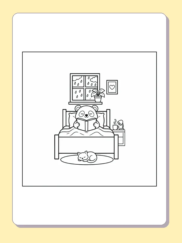 Black and white printable little animal reading beside a wet window coloring sheet