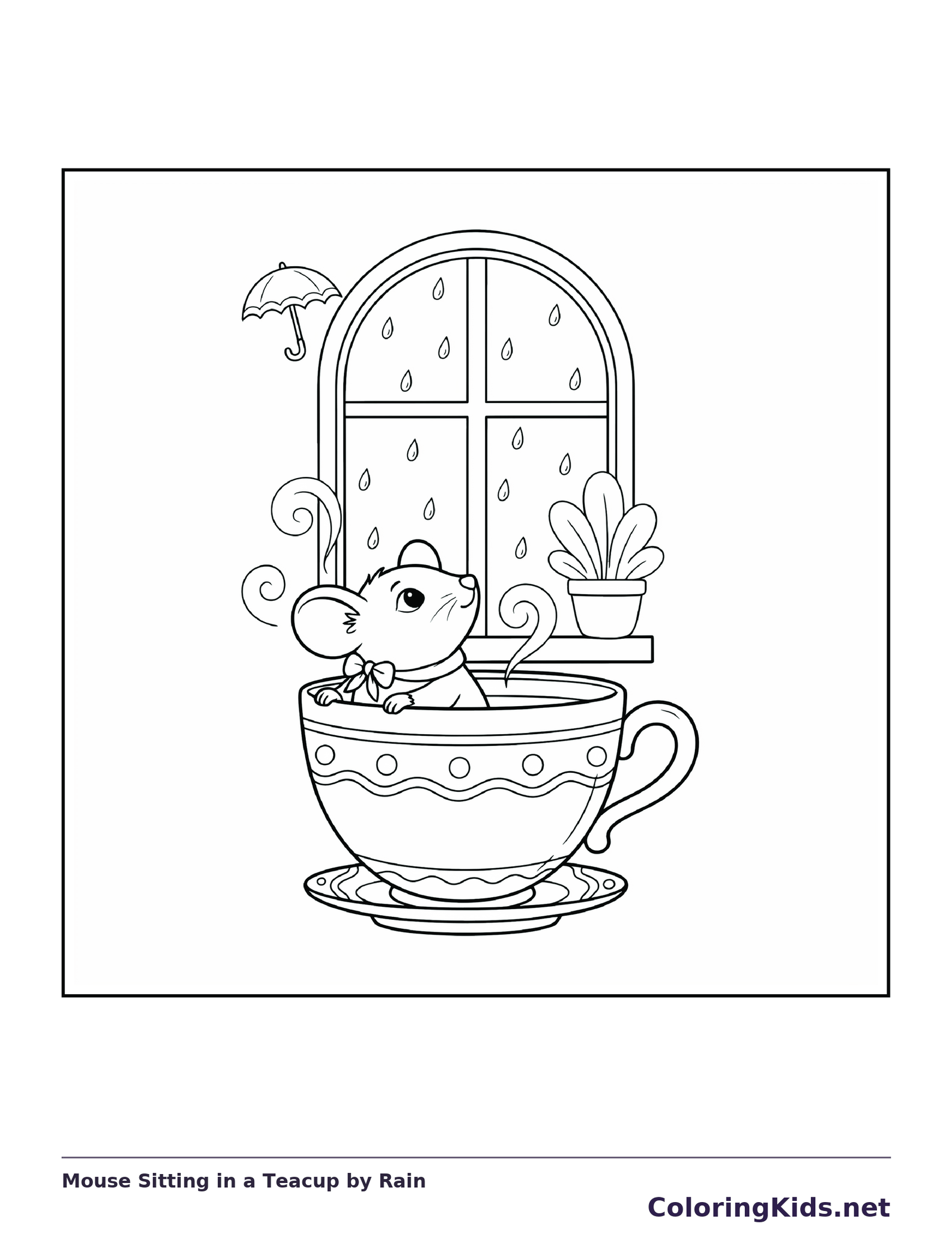 Black and white printable mouse sitting in a teacup by rain coloring sheet