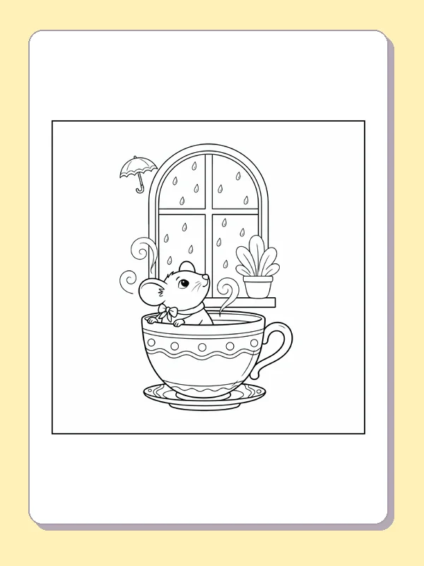 Black and white printable mouse sitting in a teacup by rain coloring sheet