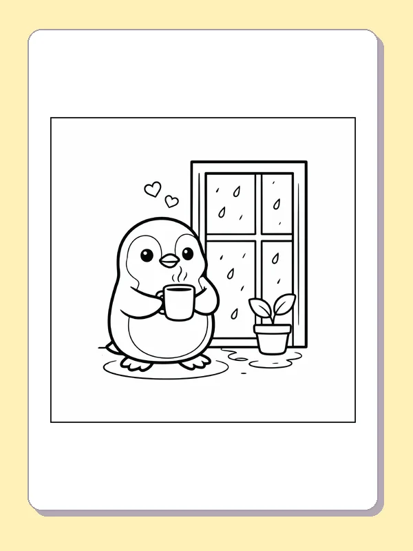 Black and white printable penguin drinking tea by a rainy window coloring sheet