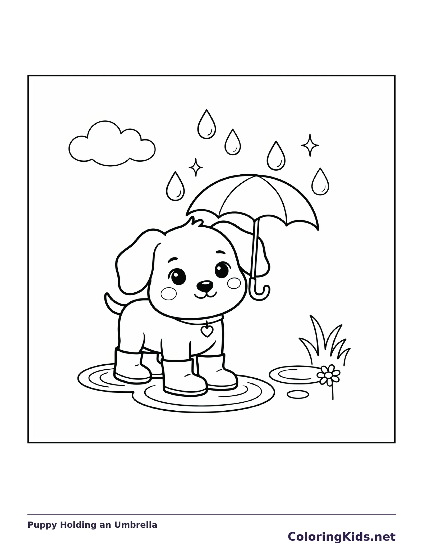Black and white printable puppy holding an umbrella coloring sheet