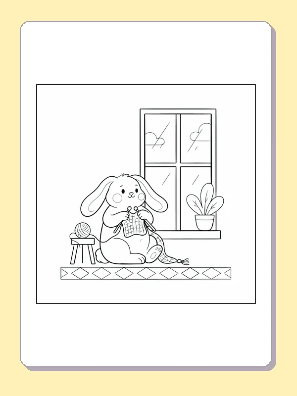 Black and white printable rabbit knitting beside a wet window coloring sheet