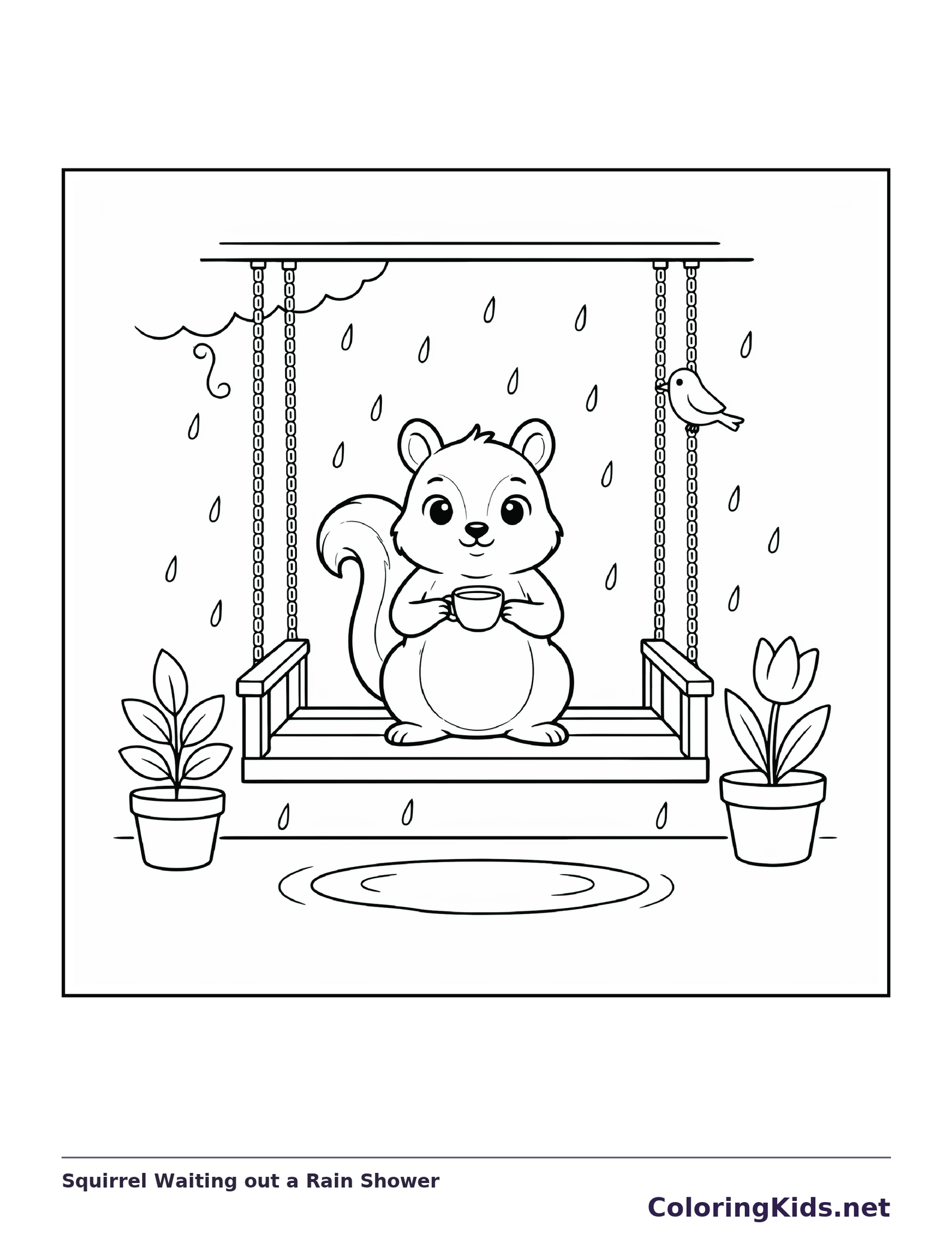 Black and white printable squirrel waiting out a rain shower coloring sheet