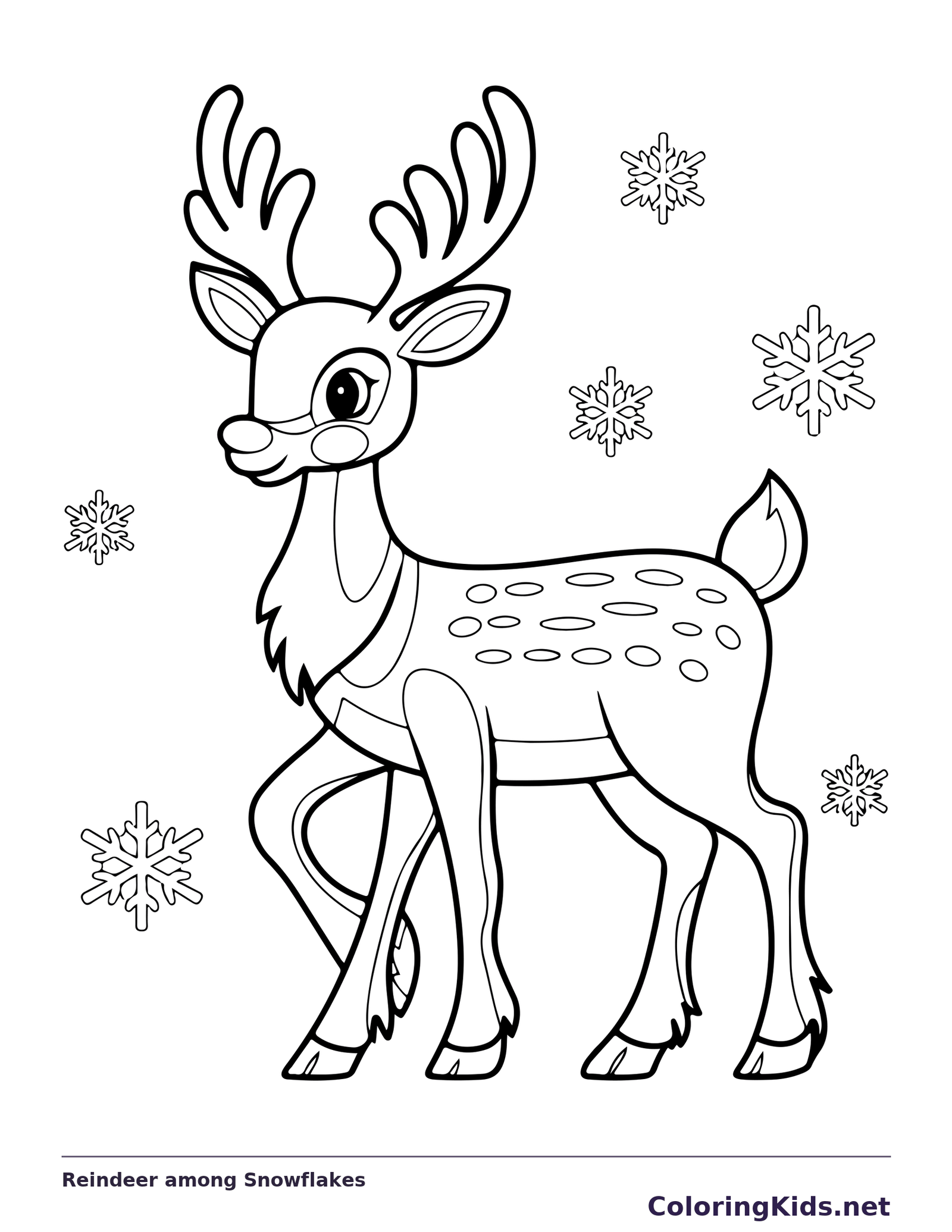 Reindeer among Snowflakes reindeer coloring page in black and white line art