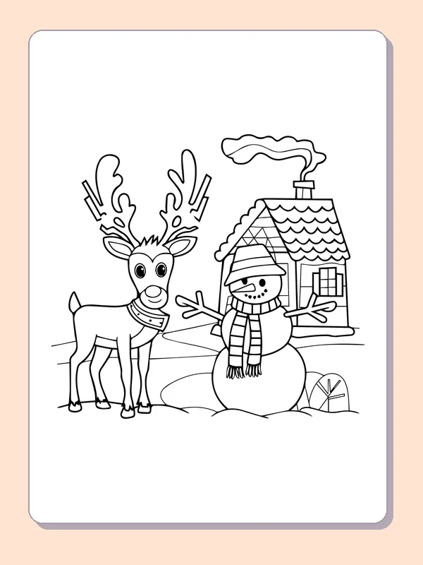 Reindeer and a Snowman reindeer coloring page in black and white line art