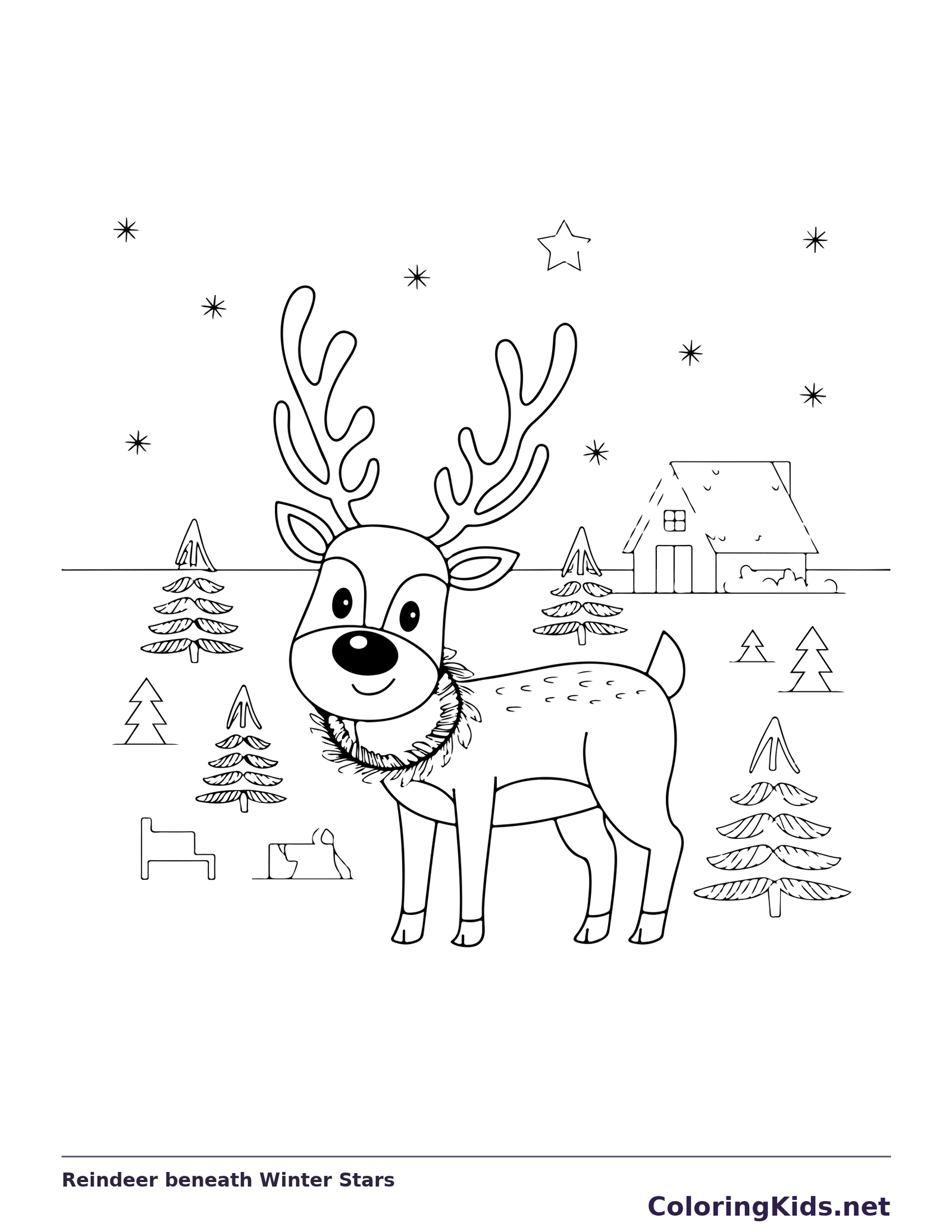 Reindeer beneath Winter Stars reindeer coloring page in black and white line art