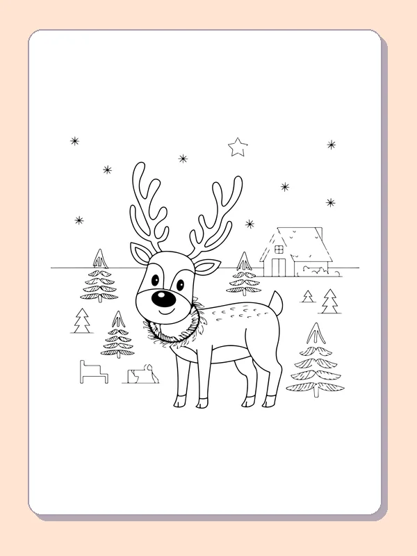 Reindeer beneath Winter Stars reindeer coloring page in black and white line art