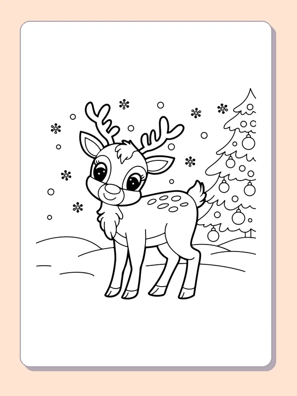 Reindeer beside a Decorated Tree reindeer coloring page in black and white line art