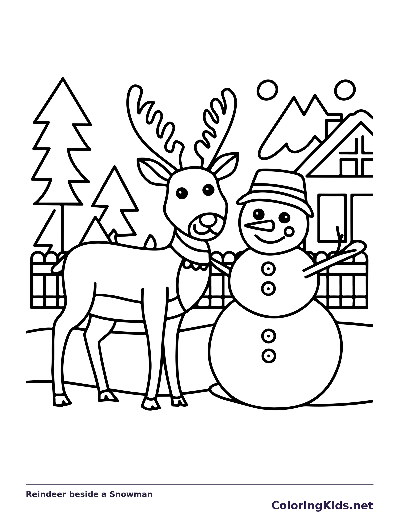 Reindeer beside a Snowman reindeer coloring page in black and white line art