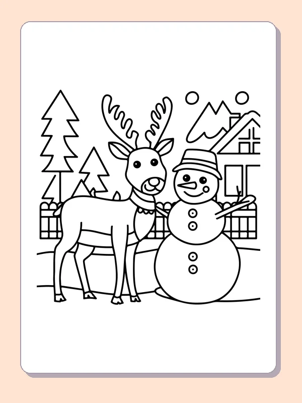 Reindeer beside a Snowman reindeer coloring page in black and white line art