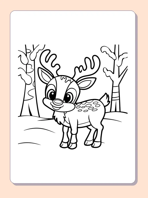 Reindeer between Bare Trees reindeer coloring page in black and white line art