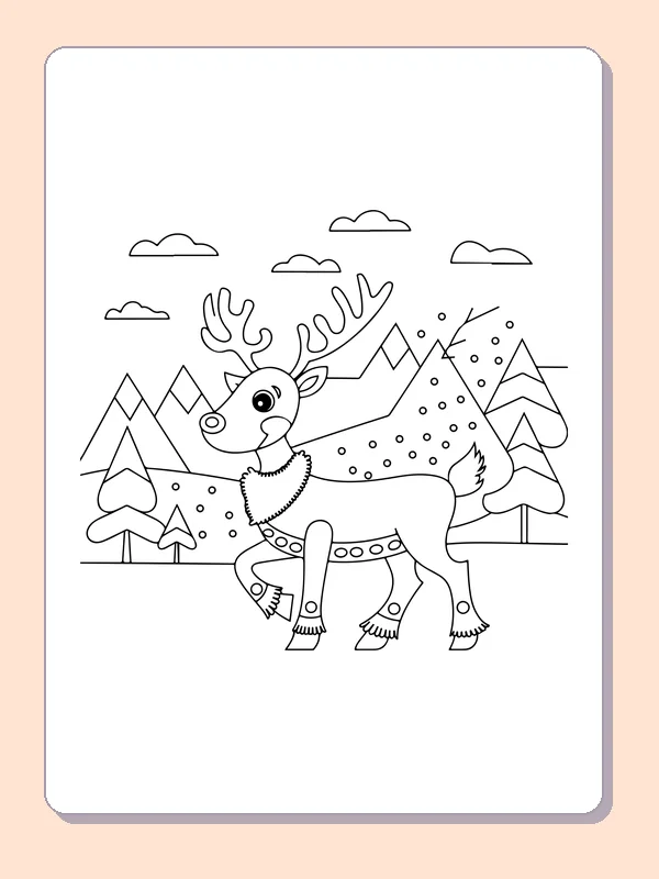 Reindeer Crossing a Mountain Path reindeer coloring page in black and white line art