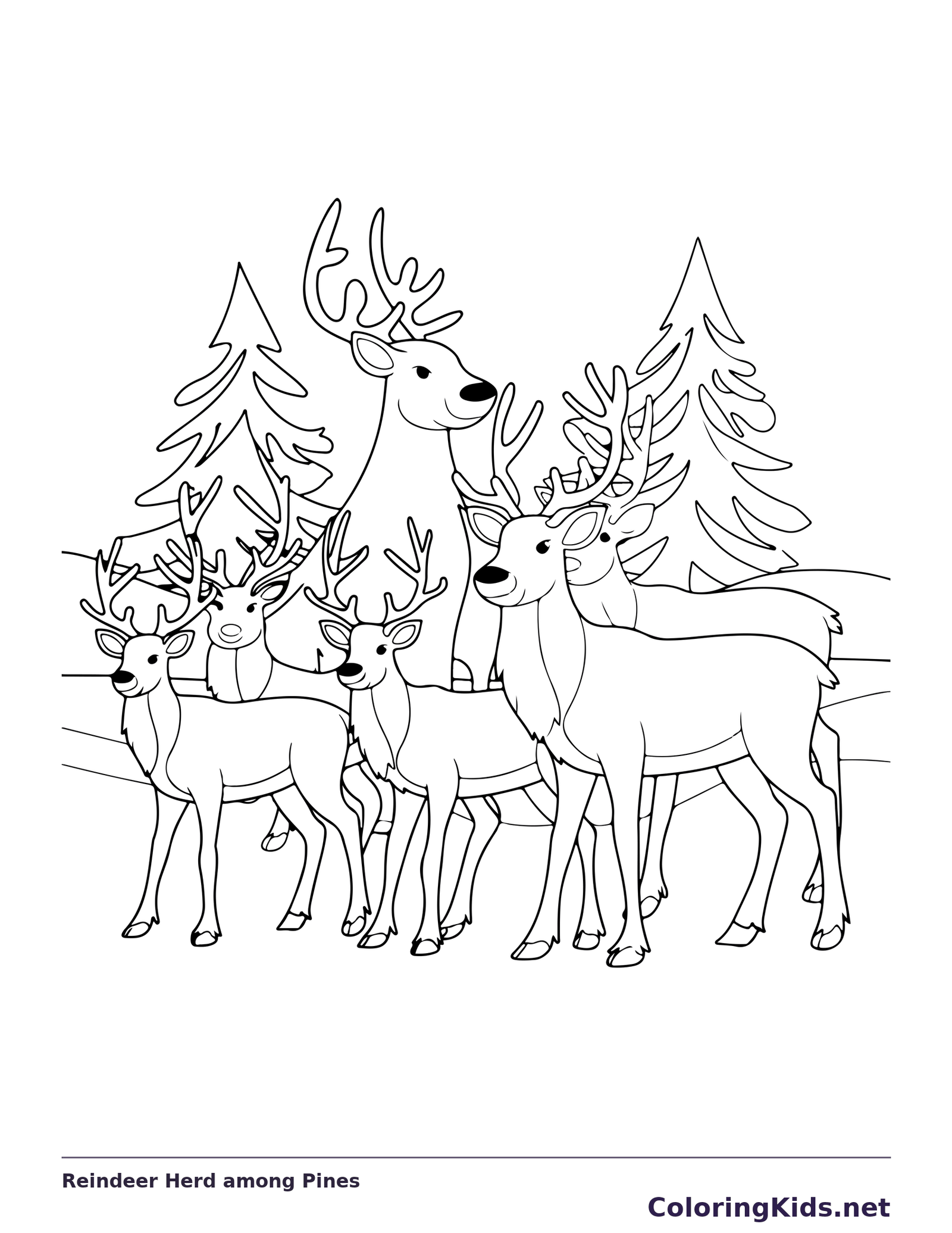 Reindeer Herd among Pines reindeer coloring page in black and white line art