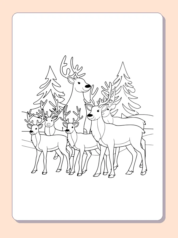 Reindeer Herd among Pines reindeer coloring page in black and white line art