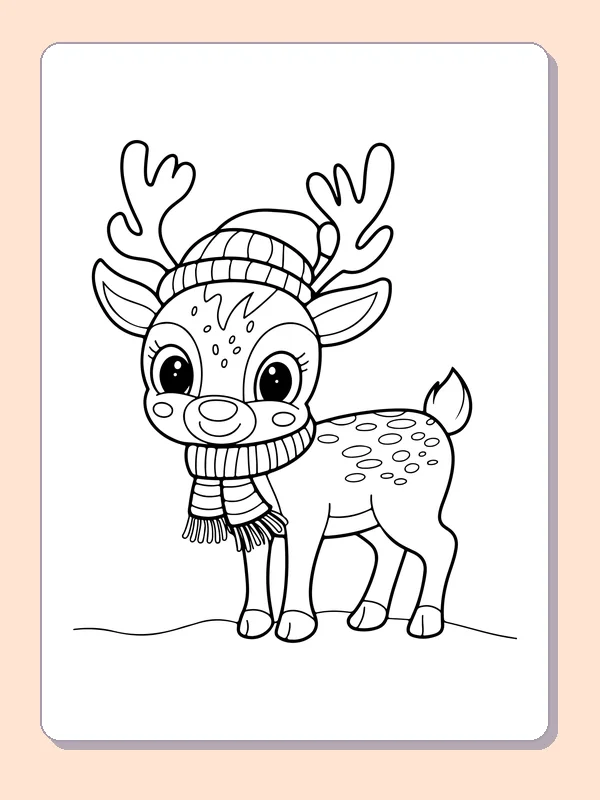 Reindeer in a Knit Cap reindeer coloring page in black and white line art