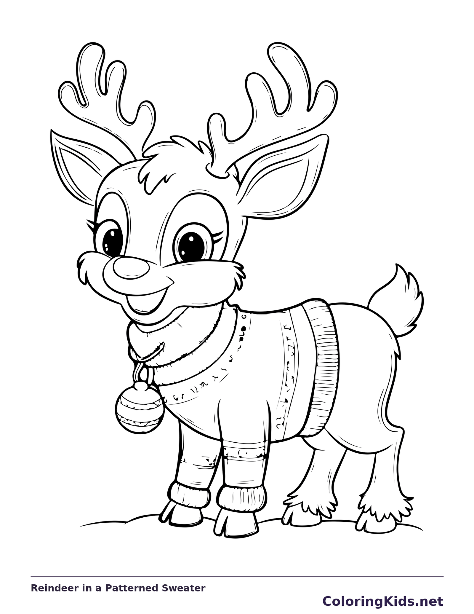Reindeer in a Patterned Sweater reindeer coloring page in black and white line art