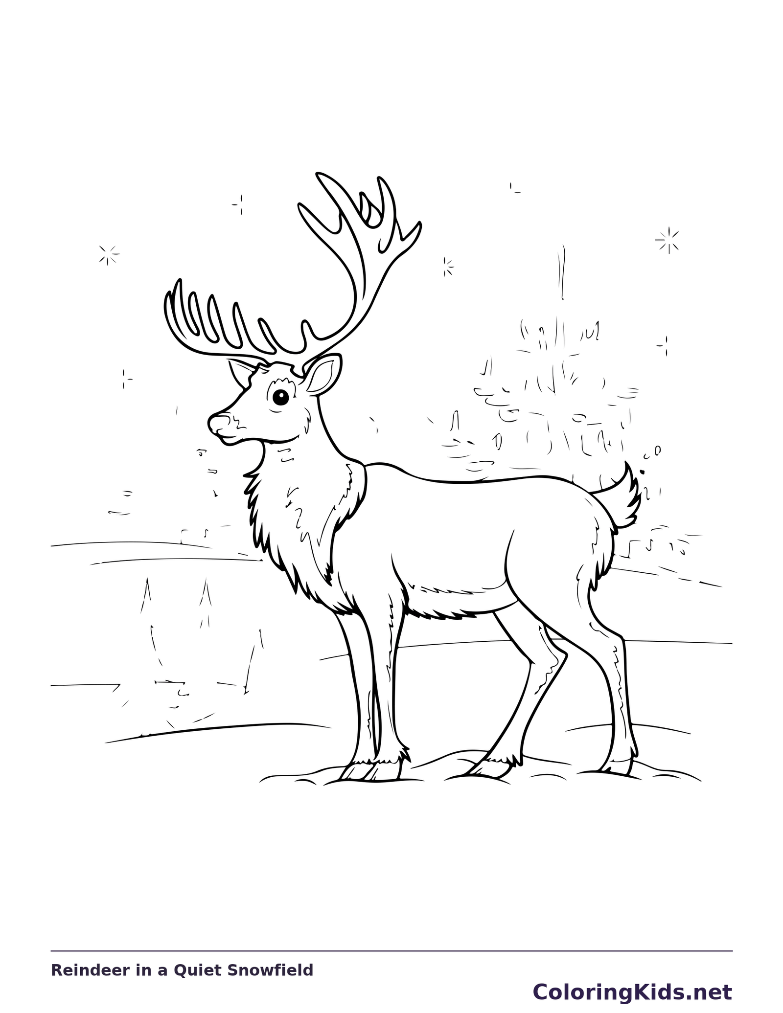Reindeer in a Quiet Snowfield reindeer coloring page in black and white line art