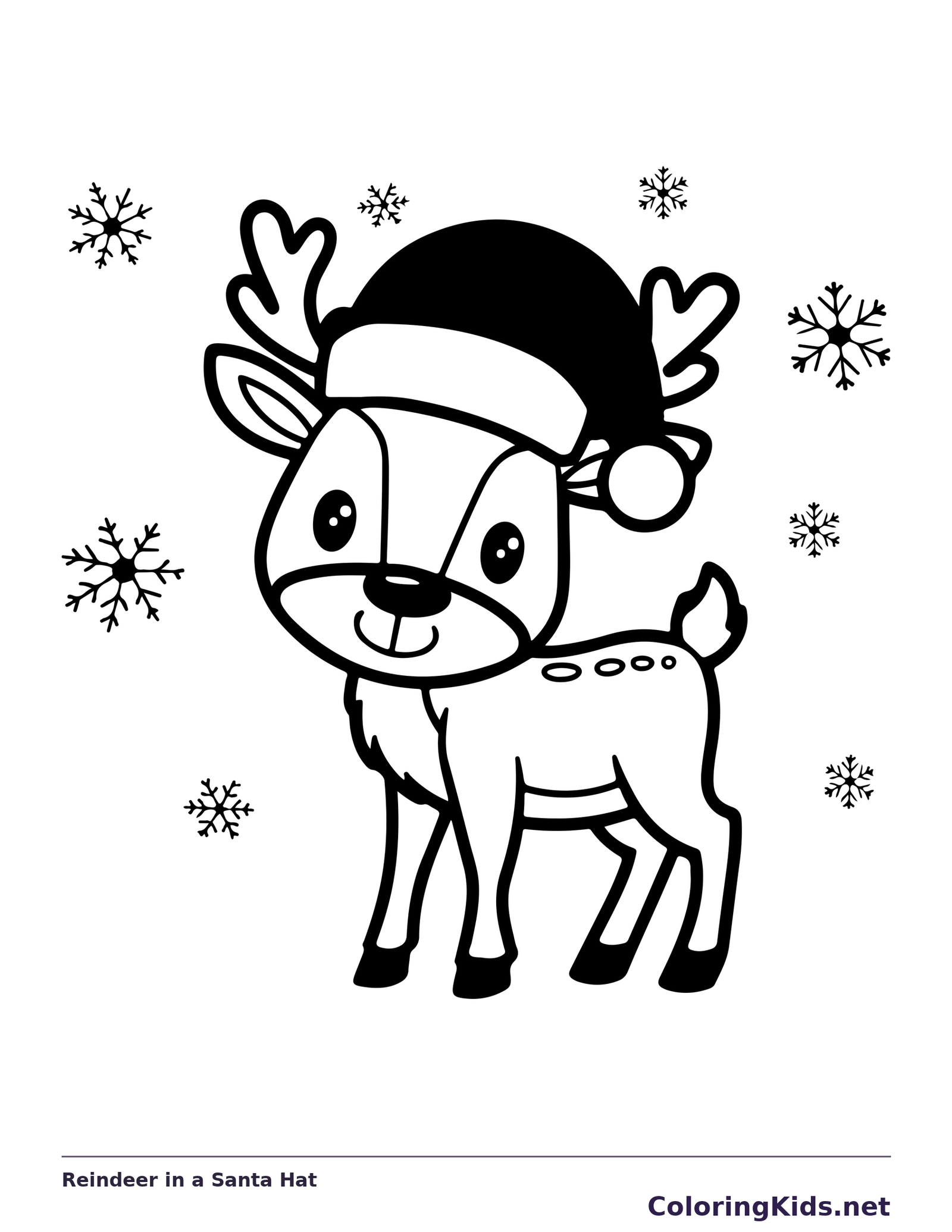 Reindeer in a Santa Hat reindeer coloring page in black and white line art