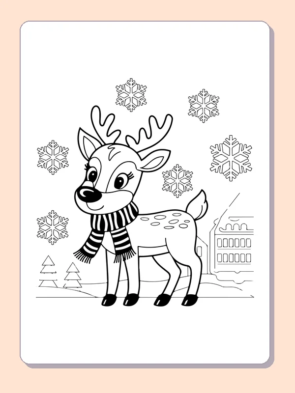 Reindeer in a Snowy Village reindeer coloring page in black and white line art
