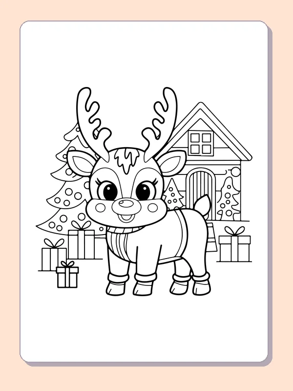 Reindeer in a Striped Sweater reindeer coloring page in black and white line art