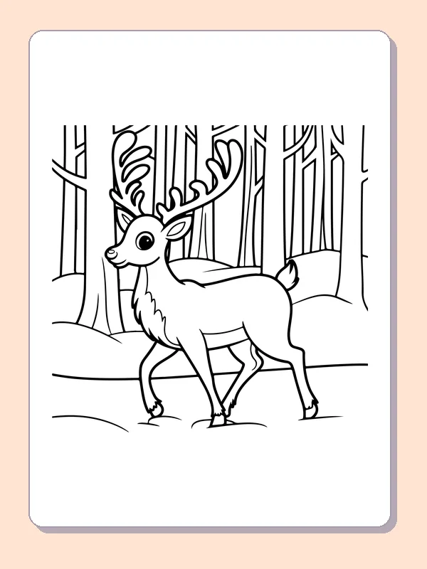 Reindeer in a Woodland Clearing reindeer coloring page in black and white line art